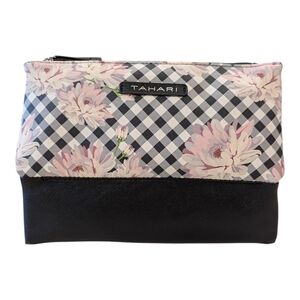 Tahari Black and Gray Checkered Floral Cosmetic Bag